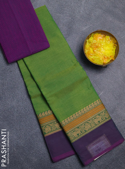Chettinad cotton saree light green and dual shade of purple with plain body and thread woven simple border