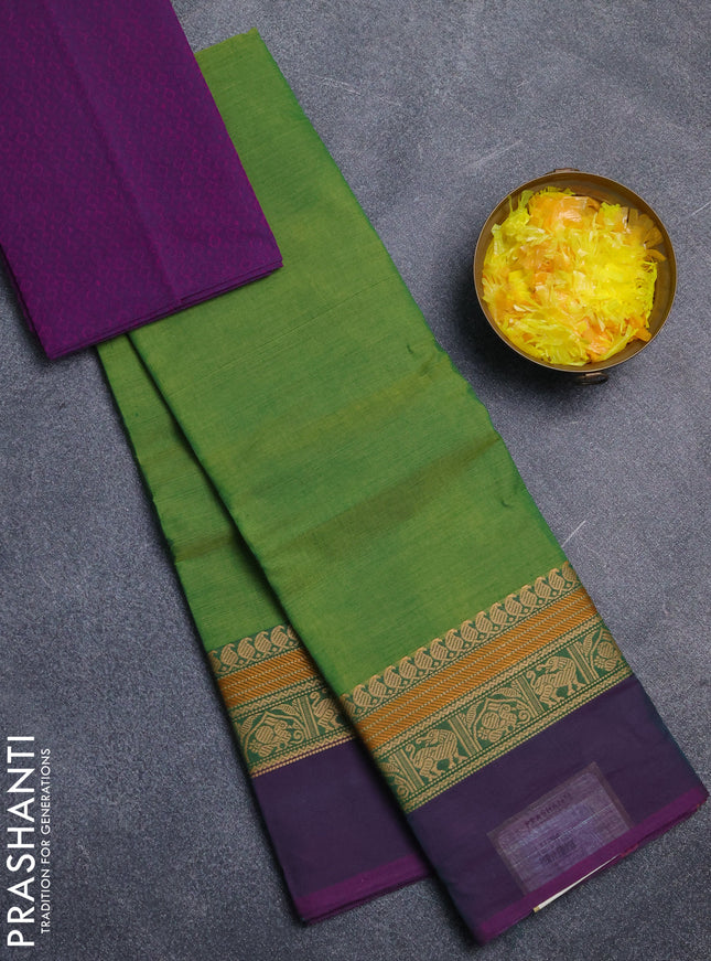 Chettinad cotton saree light green and dual shade of purple with plain body and thread woven simple border
