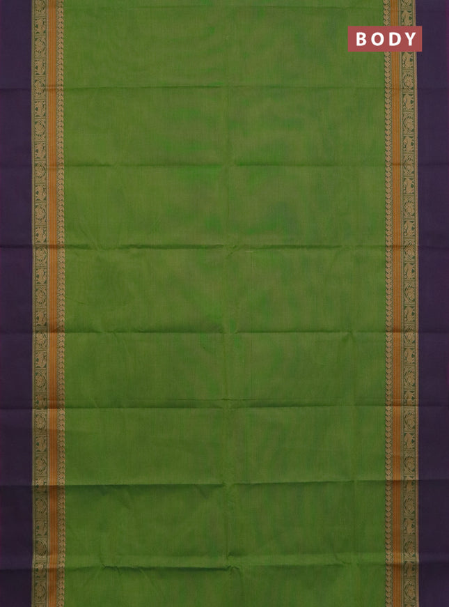 Chettinad cotton saree light green and dual shade of purple with plain body and thread woven simple border