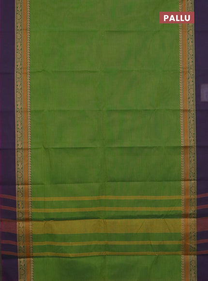Chettinad cotton saree light green and dual shade of purple with plain body and thread woven simple border