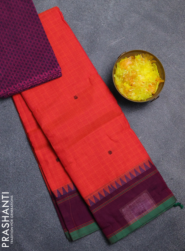 Chettinad cotton saree orange and purple green with allover checked pattern & thread buttas and rettapet border