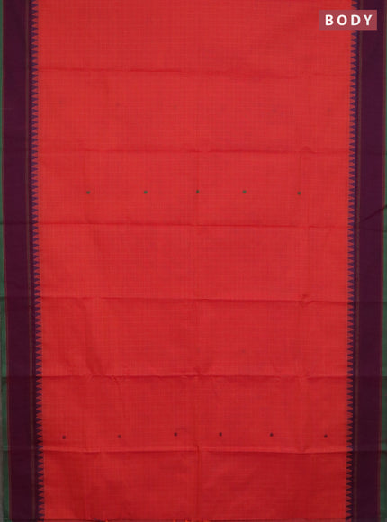 Chettinad cotton saree orange and purple green with allover checked pattern & thread buttas and rettapet border