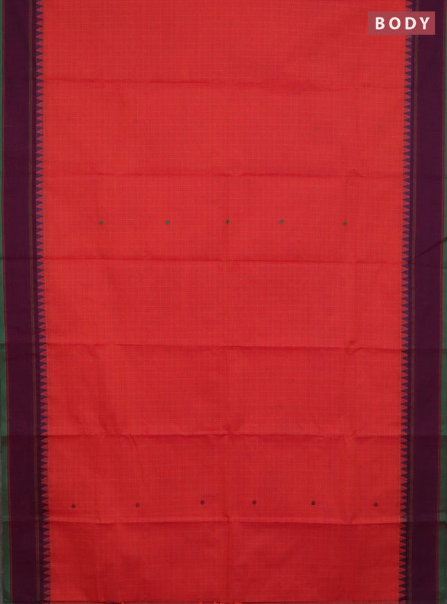 Chettinad cotton saree orange and purple green with allover checked pattern & thread buttas and rettapet border