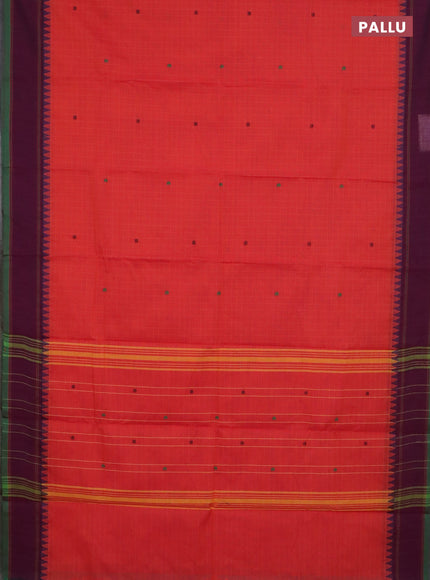 Chettinad cotton saree orange and purple green with allover checked pattern & thread buttas and rettapet border