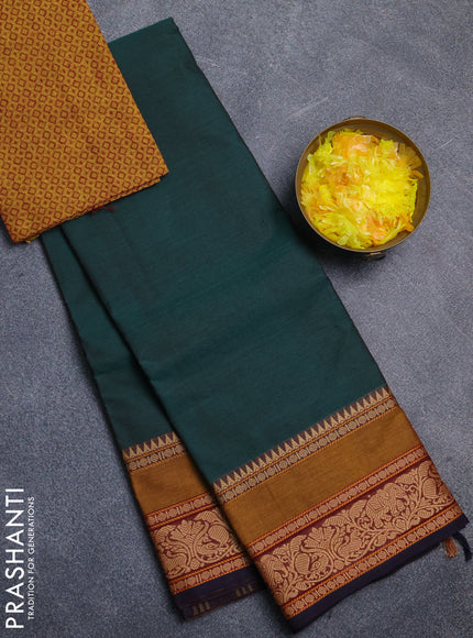 Chettinad cotton saree bottle green and dark mustard with plain body and rettapet thread woven border