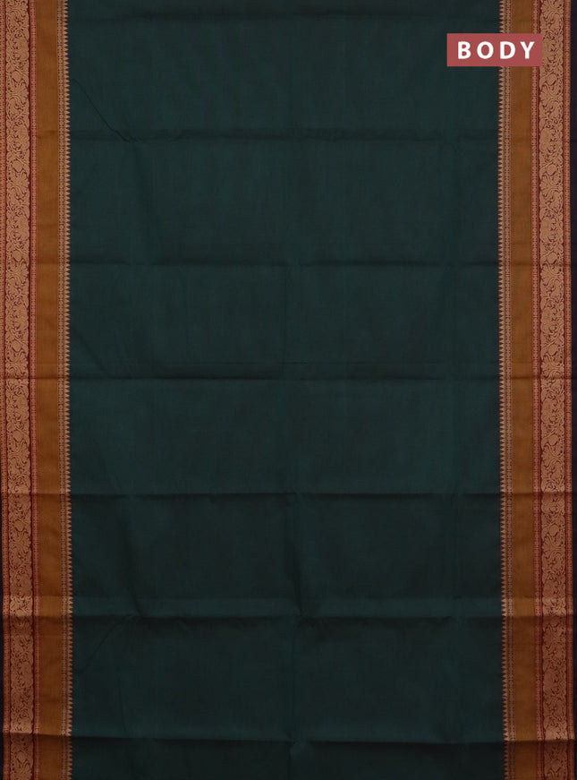 Chettinad cotton saree bottle green and dark mustard with plain body and rettapet thread woven border