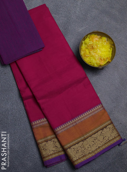 Chettinad cotton saree pink and purple with plain body and rettapet thread woven border