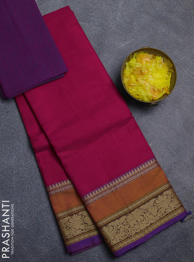 Chettinad cotton saree pink and purple with plain body and rettapet thread woven border