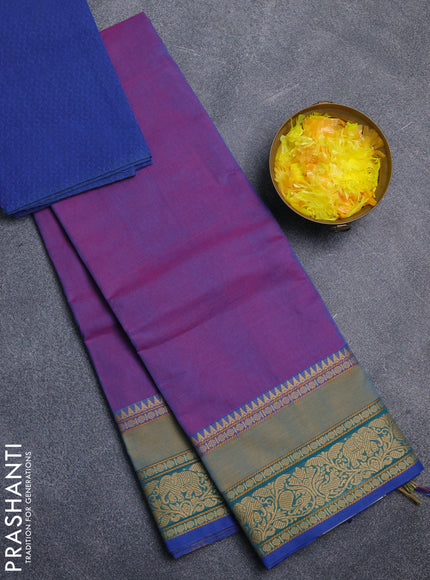 Chettinad cotton saree dual shade of bluish purple and blue with plain body and rettapet thread woven border