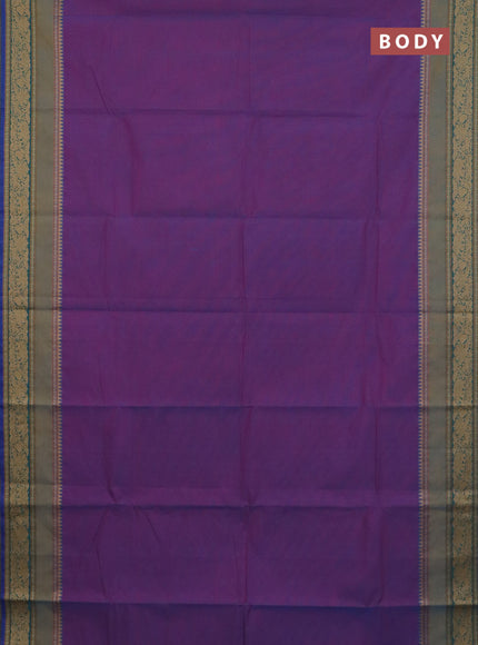 Chettinad cotton saree dual shade of bluish purple and blue with plain body and rettapet thread woven border