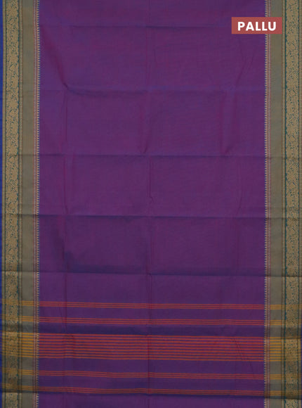 Chettinad cotton saree dual shade of bluish purple and blue with plain body and rettapet thread woven border