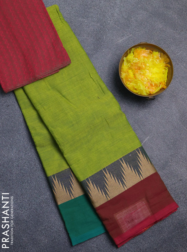 Chettinad cotton saree light green with plain body and ganga jamuna border