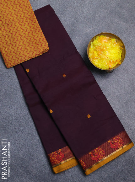 Chettinad cotton saree deep jamun shade and mustard yellow with thread woven buttas and thread woven border