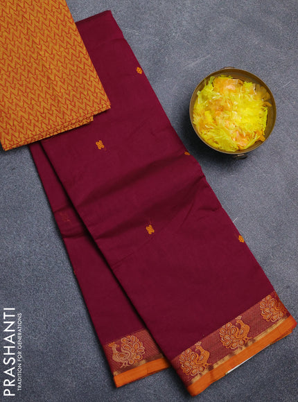 Chettinad cotton saree wine shade and sunset orange with thread woven buttas and thread woven border