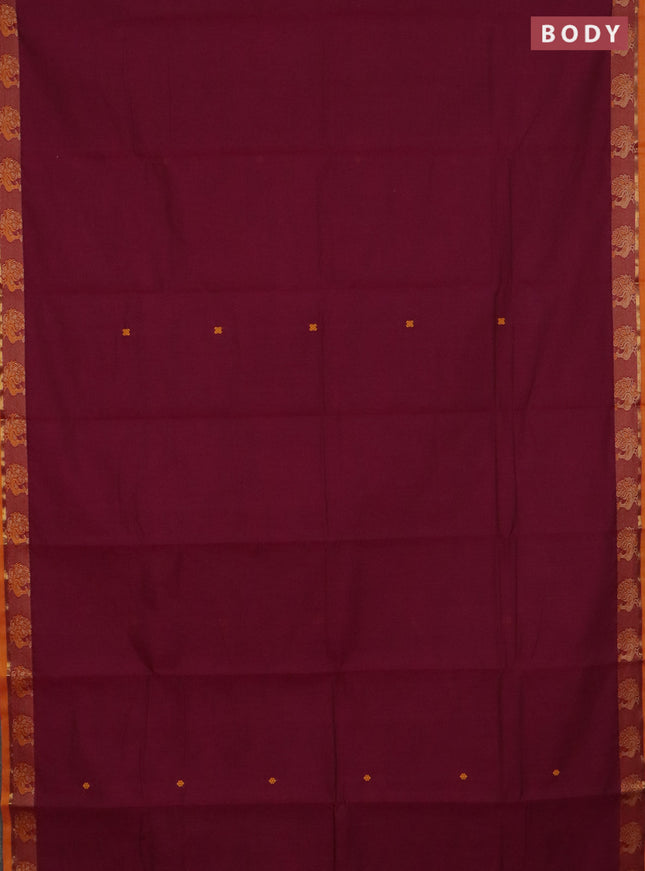 Chettinad cotton saree wine shade and sunset orange with thread woven buttas and thread woven border