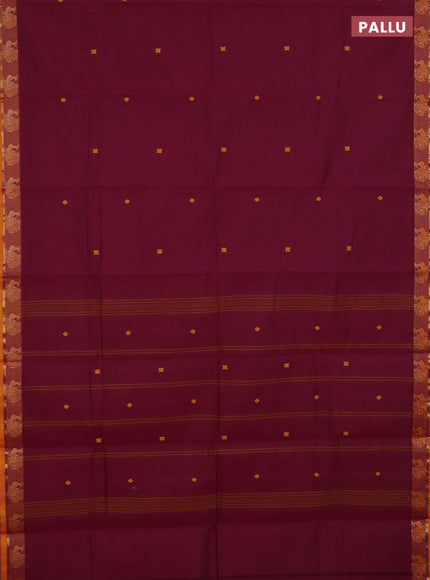 Chettinad cotton saree wine shade and sunset orange with thread woven buttas and thread woven border
