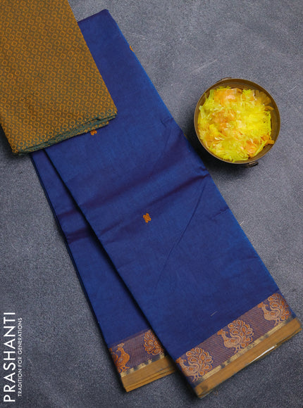 Chettinad cotton saree peacock blue and dark mustard with thread woven buttas and thread woven border