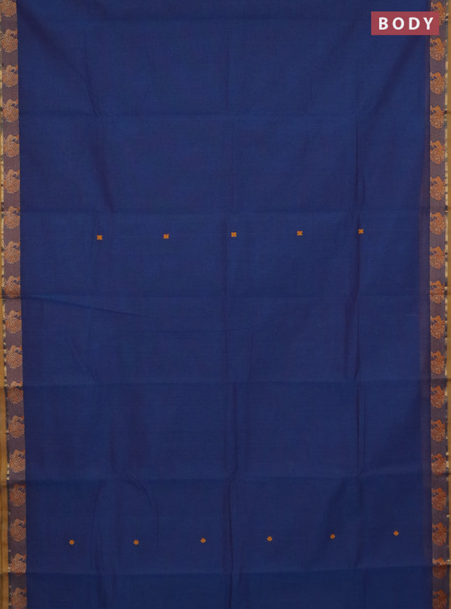 Chettinad cotton saree peacock blue and dark mustard with thread woven buttas and thread woven border
