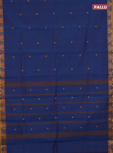 Chettinad cotton saree peacock blue and dark mustard with thread woven buttas and thread woven border