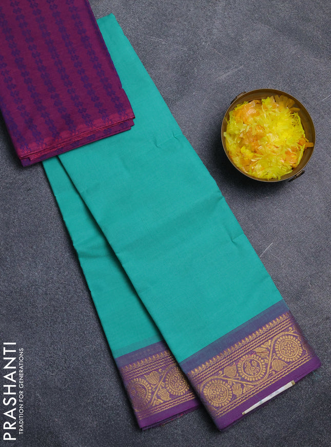 Chettinad cotton saree teal green and purple with plain body and zari woven border