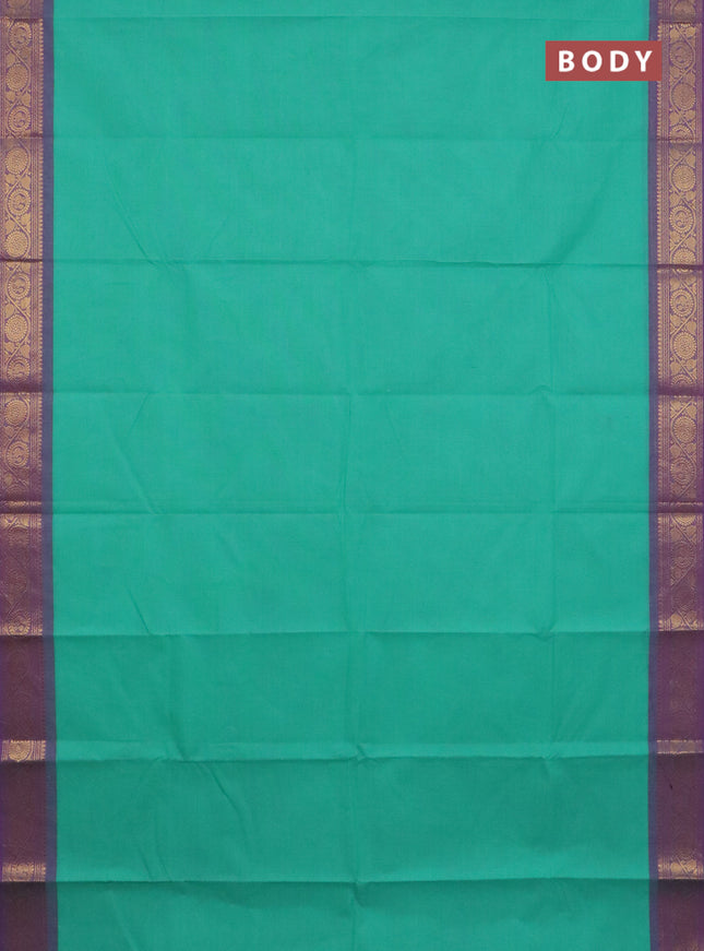Chettinad cotton saree teal green and purple with plain body and zari woven border