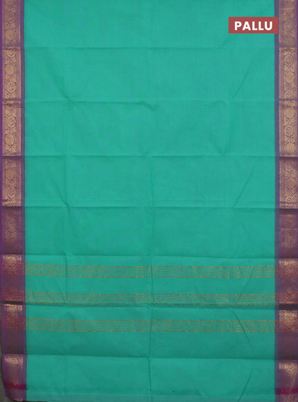 Chettinad cotton saree teal green and purple with plain body and zari woven border