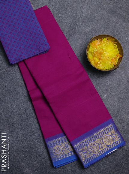 Chettinad cotton saree magenta pink and blue with plain body and zari woven border