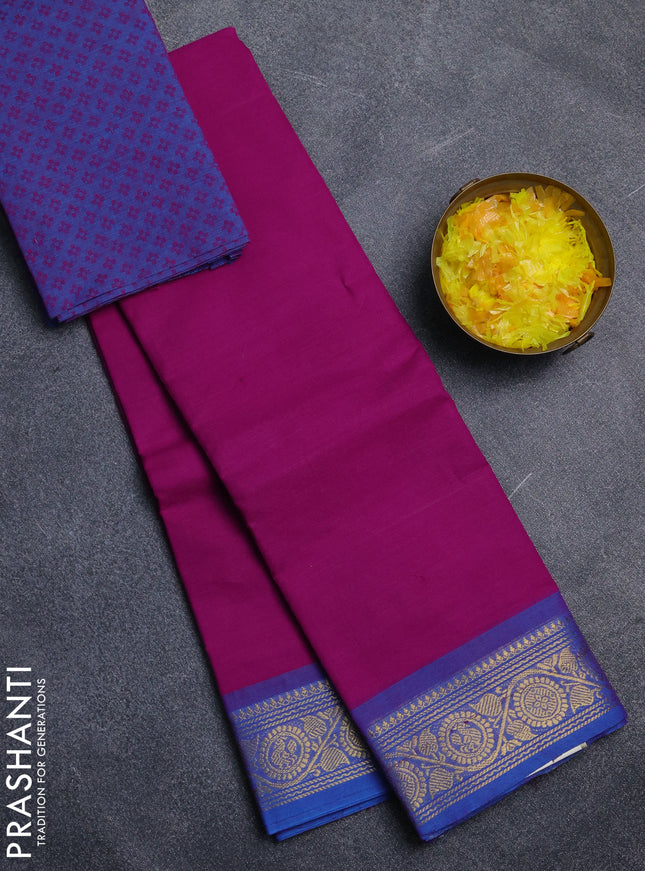 Chettinad cotton saree magenta pink and blue with plain body and zari woven border