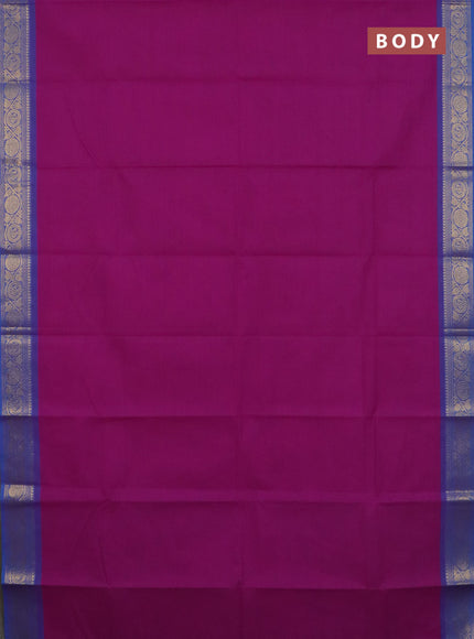 Chettinad cotton saree magenta pink and blue with plain body and zari woven border