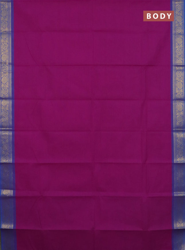 Chettinad cotton saree magenta pink and blue with plain body and zari woven border