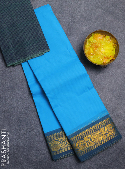 Chettinad cotton saree light blue and peacock green shade with plain body and zari woven border