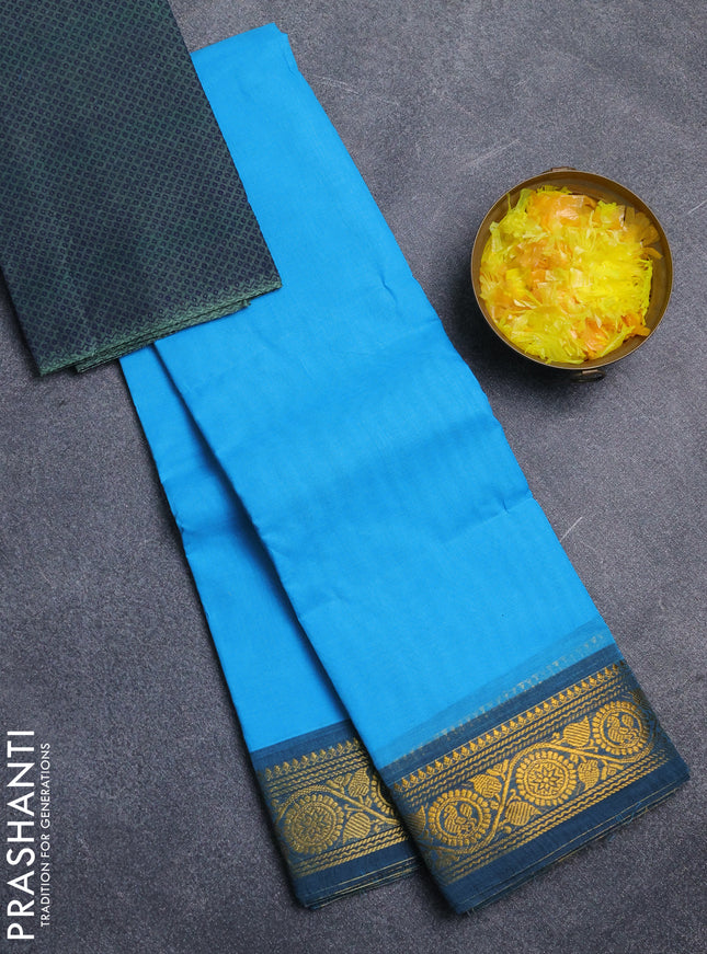 Chettinad cotton saree light blue and peacock green shade with plain body and zari woven border