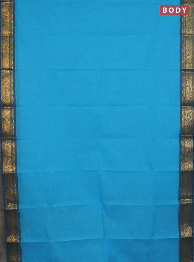 Chettinad cotton saree light blue and peacock green shade with plain body and zari woven border