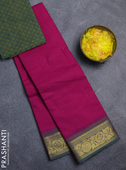 Chettinad cotton saree magenta pink and green with plain body and zari woven border