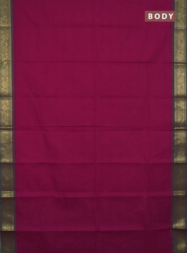 Chettinad cotton saree magenta pink and green with plain body and zari woven border