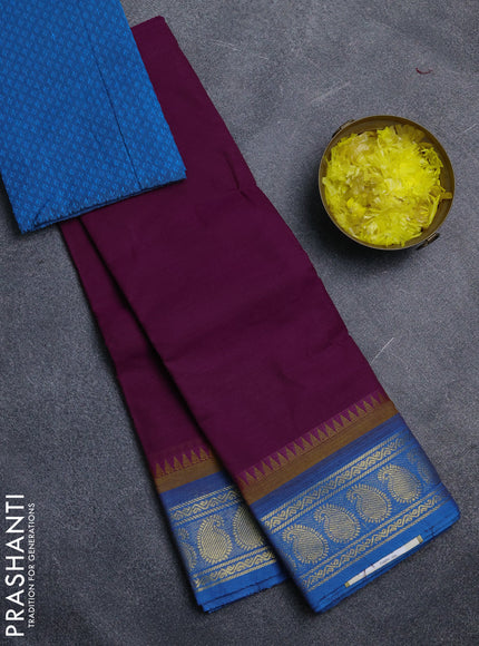 Chettinad cotton saree purple and cs blue with plain body and paisley zari woven border