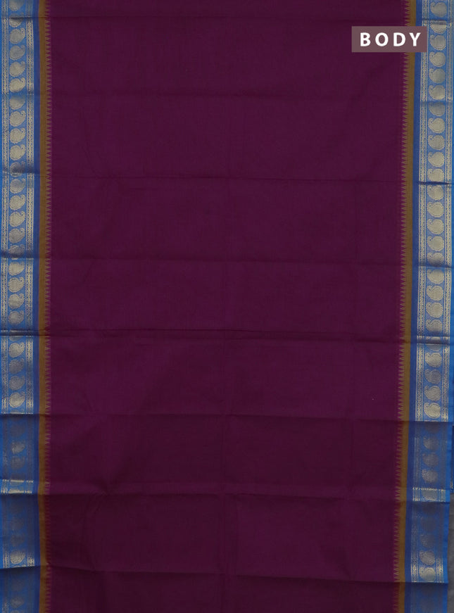 Chettinad cotton saree purple and cs blue with plain body and paisley zari woven border