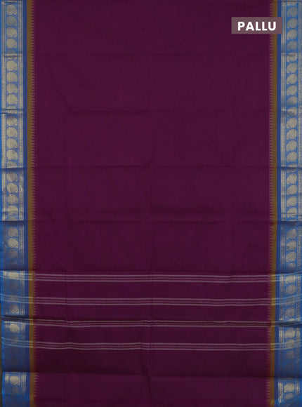 Chettinad cotton saree purple and cs blue with plain body and paisley zari woven border