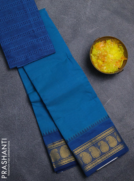 Chettinad cotton saree teal blue and cs blue with plain body and paisley zari woven border