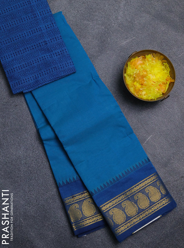Chettinad cotton saree teal blue and cs blue with plain body and paisley zari woven border