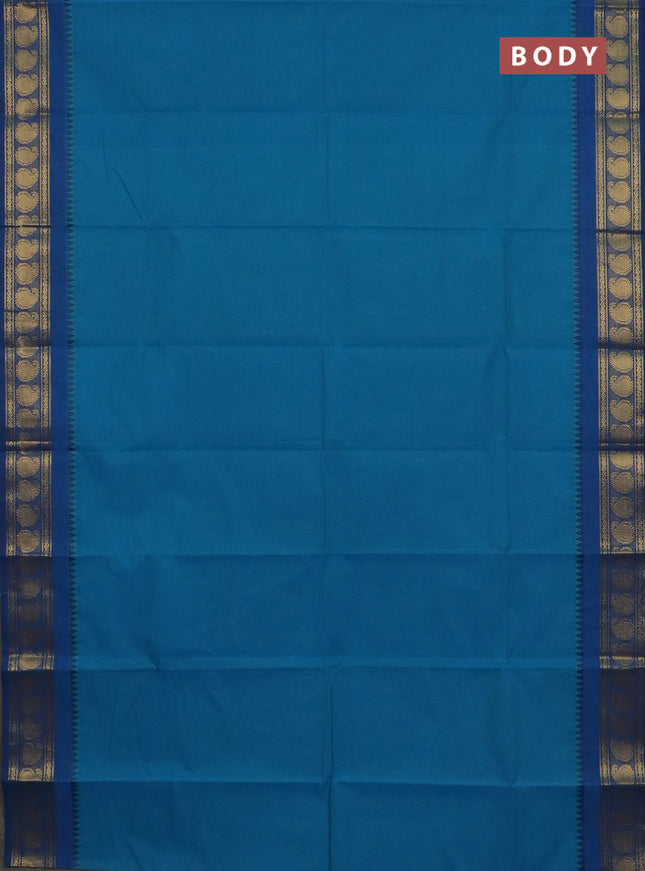 Chettinad cotton saree teal blue and cs blue with plain body and paisley zari woven border
