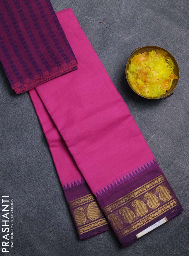 Chettinad cotton saree light pink and purple with plain body and zari woven border