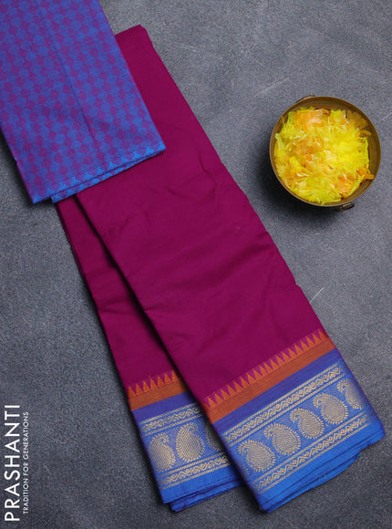 Chettinad cotton saree purple and blue with plain body and paisley zari woven border