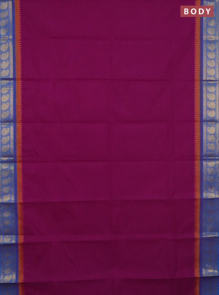 Chettinad cotton saree purple and blue with plain body and paisley zari woven border