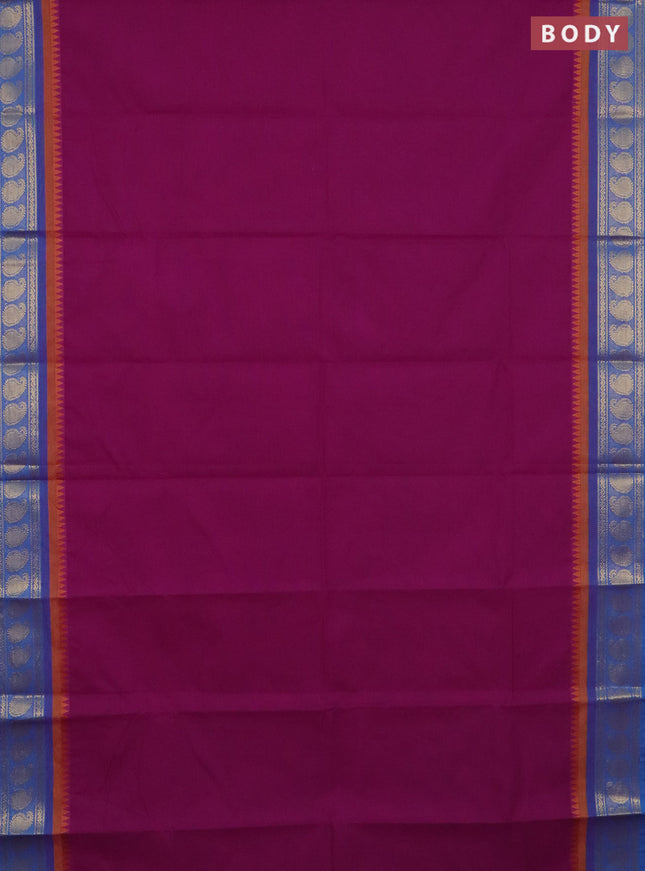 Chettinad cotton saree purple and blue with plain body and paisley zari woven border