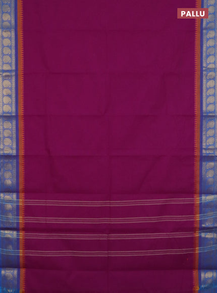 Chettinad cotton saree purple and blue with plain body and paisley zari woven border