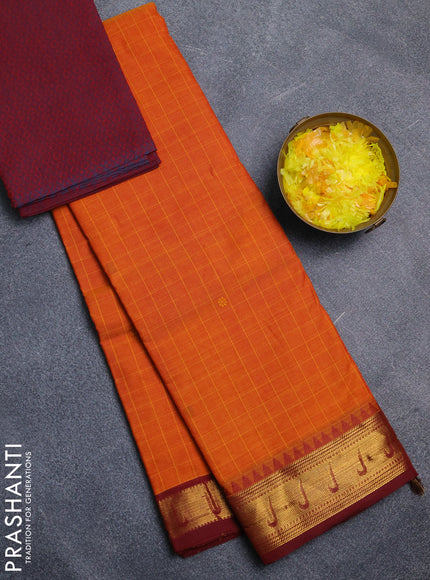 Chettinad cotton saree sunset orange and maroon with allover checked pattern & thread buttas and zari woven muniya border