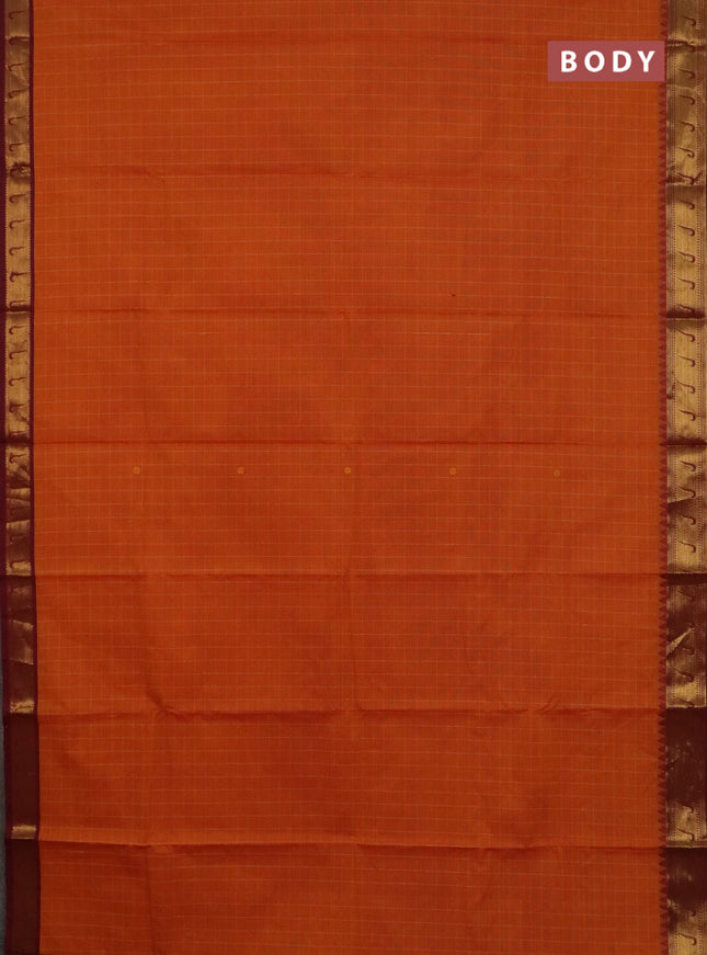 Chettinad cotton saree sunset orange and maroon with allover checked pattern & thread buttas and zari woven muniya border