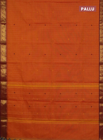 Chettinad cotton saree sunset orange and maroon with allover checked pattern & thread buttas and zari woven muniya border