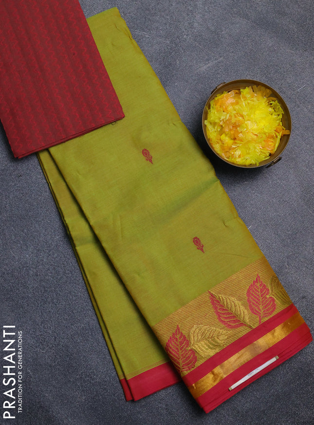 Chettinad cotton saree dual shade of lime yellow and pink with thread woven buttas and leaf zari woven border